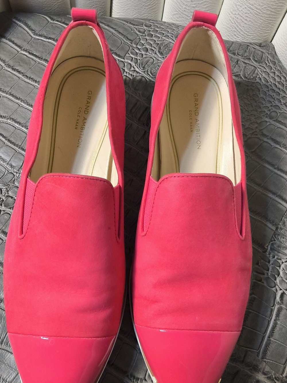Hot pink Cole Haan Grand Ambition slip-on loafers with glossy patent cap toes. - Picture 4 of 6